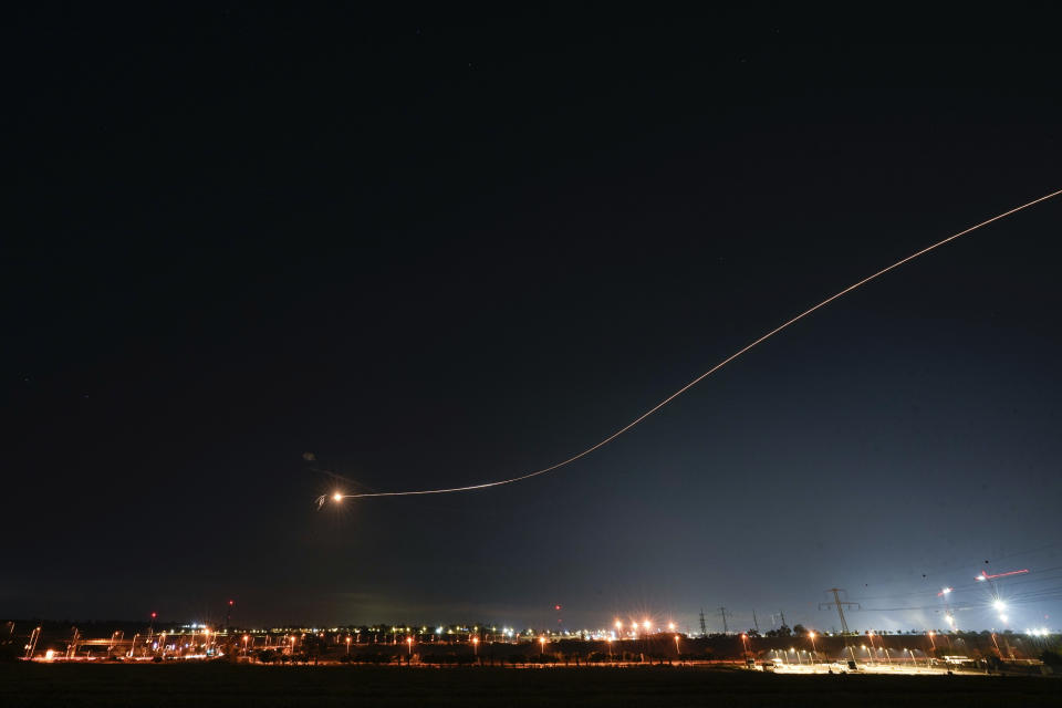 Israel's Iron Dome anti-missile system fires to intercept a rocket launched from the Gaza Strip towards Israel, near the Israeli Gaza border, Israel, Tuesday, May 2, 2023. The Israeli military says that Palestinian militants in Gaza have fired a barrage of rockets following the death of Khader Adnan, a high-profile Palestinian prisoner in Israeli custody after a nearly three-month-long hunger strike. (AP Photo/Ohad Zwigenberg)