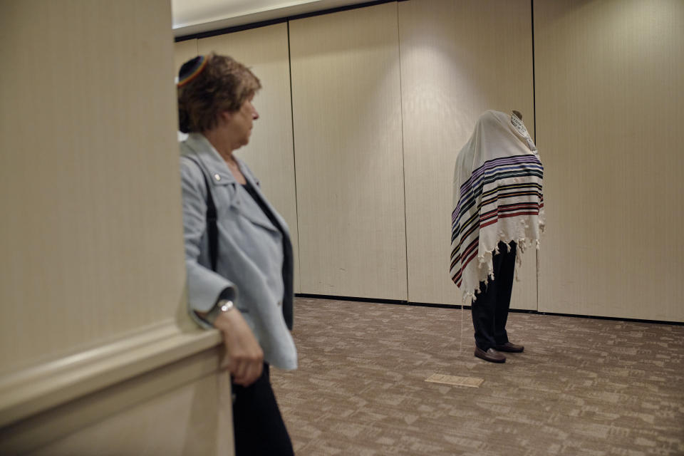 Rabbi Sharon Kleinbaum, right, prepares for her last service next to her wife, Randi Weingarten, left, at the Masonic Hall, Friday, June 28, 2024, in New York. After leading the nation’s largest LGBTQ+ synagogue through the myriad ups and downs of the modern gay-rights movement for the last three decades, she is now stepping down from that role and shifting into retirement. The synagogue that she led for 32 years — Congregation Beit Simchat Torah in midtown Manhattan — will have to grapple with its identity after being defined by its celebrity rabbi for so long. (AP Photo/Andres Kudacki)