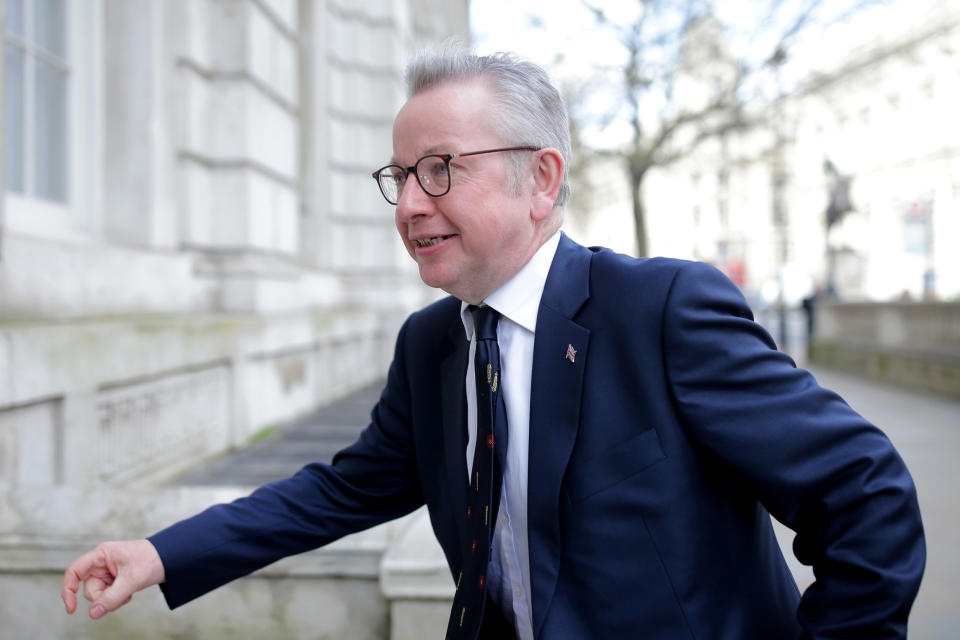 LONDON, ENGLAND - MARCH 11:  Chancellor of the Duchy of Lancaster Michael Gove arrives at the Cabinet Office ahead of a government COVID-19 Coronavirus Cobra meeting on March 11, 2020 in London, England. Earlier today, the government pledged billions in its budget to help the NHS tackle the COVID-19 coronavirus and the Bank of England announced an emergency interest-rate cut to boost economic activity amid the economic pressure of the outbreak.  (Photo by Luke Dray/Getty Images)