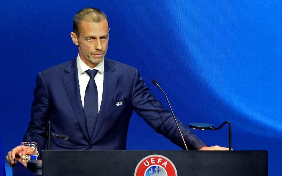 Uefa President Aleksander Ceferin speaking at the 45th Ordinary Uefa Congress in Montreux, Switzerland, 20 April 2021. - Paul Murphy/UEFA HANDOUT/EPA-EFE/Shutterstock