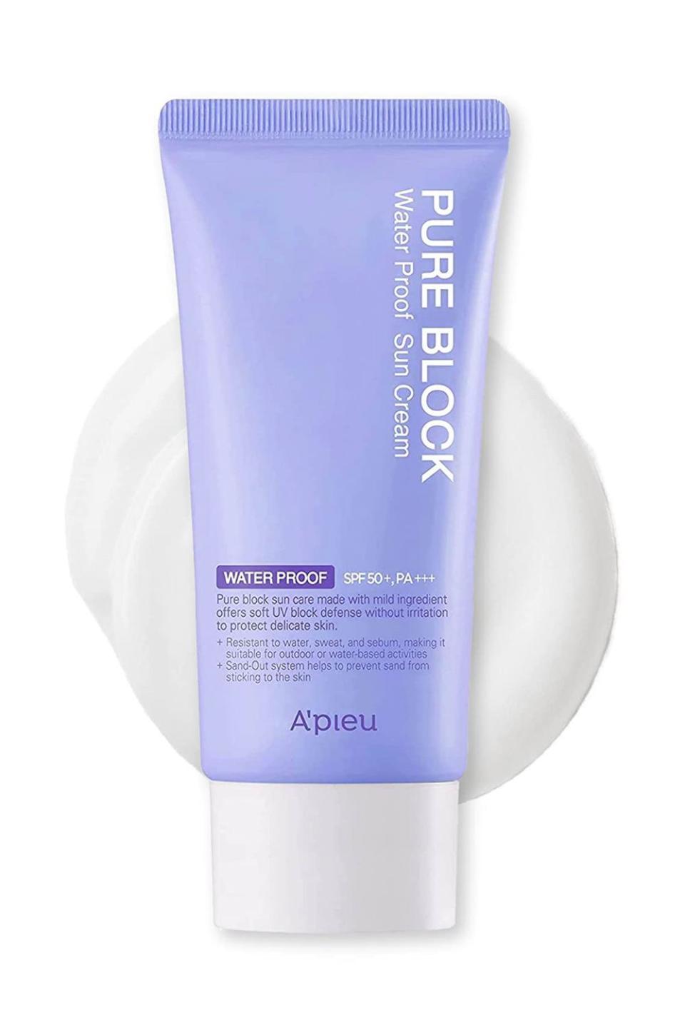 1) A'pieu Pure Block Waterproof Sunscreen Cream SPF50+/PA+++ 50ml | Sweat-proof Korean Sunscreen for Outdoor Activities