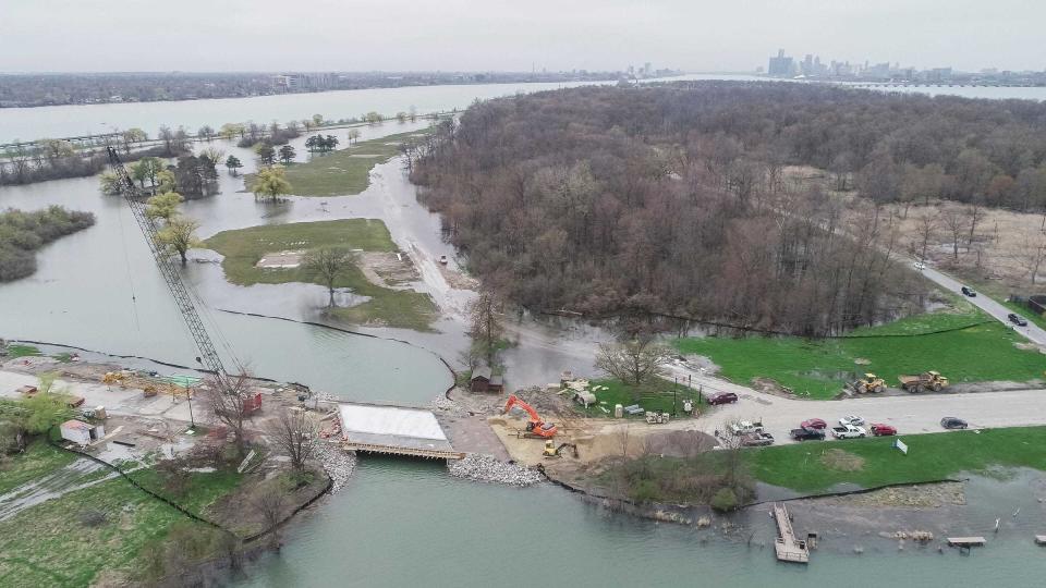Aerial photo of a bridge construction on Belle Isle in Detroit, Thursday, May 2, 2019.