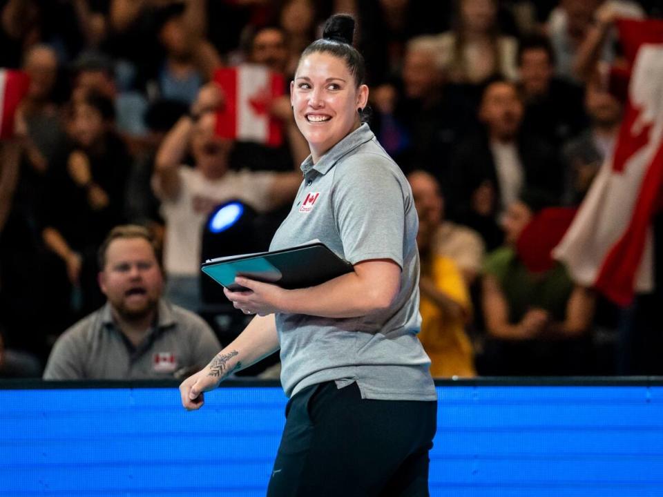 Shannon Winzer, pictured during the FIVB Volleyball Nations League competition in July, has impressed her players with her communication and delegation skills. (Dave Holland/Volleyball Canada - image credit)