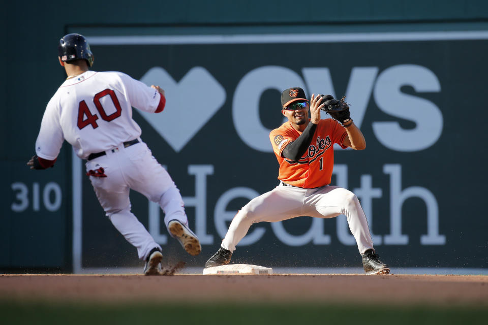 Baltimore Orioles shortstop Richie Martin (1) gets the force at second on Boston Red Sox's Marco Hernandez (40) on a hit by Sandy Leon during the eighth inning of a baseball game, Saturday, Sept. 28, 2019, in Boston. (AP Photo/Mary Schwalm)