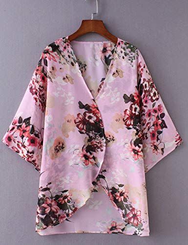 Omoone Women's Short Batwing Sleeve Floral Chiffon Cardigan Kimono Beachwear(0321-Pink-XL)