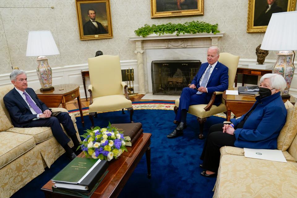 President Joe Biden meets with Treasury Secretary Janet Yellen, right, and Federal Reserve Chairman Jerome Powell in the Oval Office of the White House on Tuesday in Washington. The White House said they discussed the state of the U.S. and global economy and especially inflation, described as Biden’s “top economic priority.” Inflation in the U.S. hit a 40-year high earlier this year.