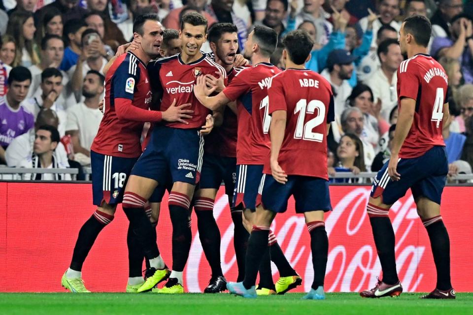 Osasuna’s Spanish forward Kike celebrates scoring against Real Madrid (AFP via Getty Images)