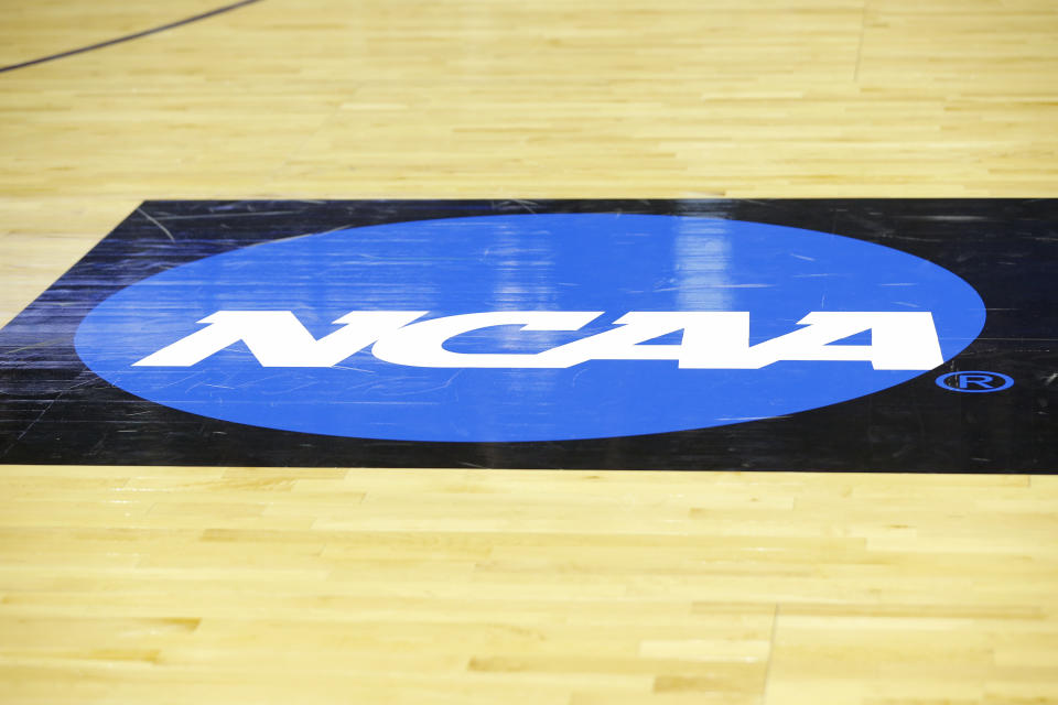 EVANSVILLE, IN - MARCH 30: The NCAA Logo on display prior to the NCAA Division II Final Four Championship basketball game between the Northwest Missouri State Bearcats  and the Point Loma Sea Lions on March 30, 2019, at the Ford Center in Evansville, Indiana. (Photo by Jeffrey Brown/Icon Sportswire via Getty Images)