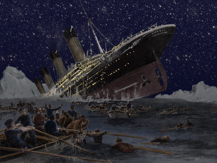 <span class="caption">The Titanic wreck is a memorial to those who lost their lives.</span> <span class="attribution"><a class="link " href="https://www.shutterstock.com/image-illustration/sinking-titanic-illustration-by-german-artist-237232216" rel="nofollow noopener" target="_blank" data-ylk="slk:Willy Stower/Everett Historical/Shutterstock;elm:context_link;itc:0;sec:content-canvas">Willy Stower/Everett Historical/Shutterstock</a></span>