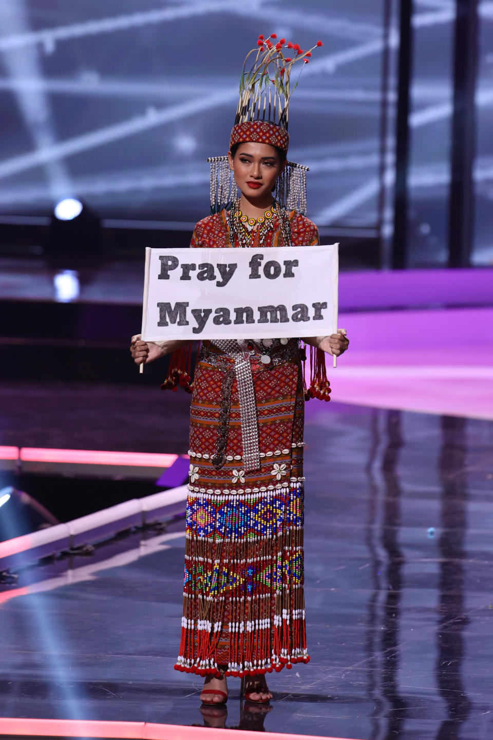 HOLLYWOOD, FLORIDA - MAY 13: Miss Myanmar Thuzar Wint Lwin appears onstage at the 69th Miss Universe National Costume Show at Seminole Hard Rock Hotel & Casino on May 13, 2021 in Hollywood, Florida. (Photo by Rodrigo Varela/Getty Images)