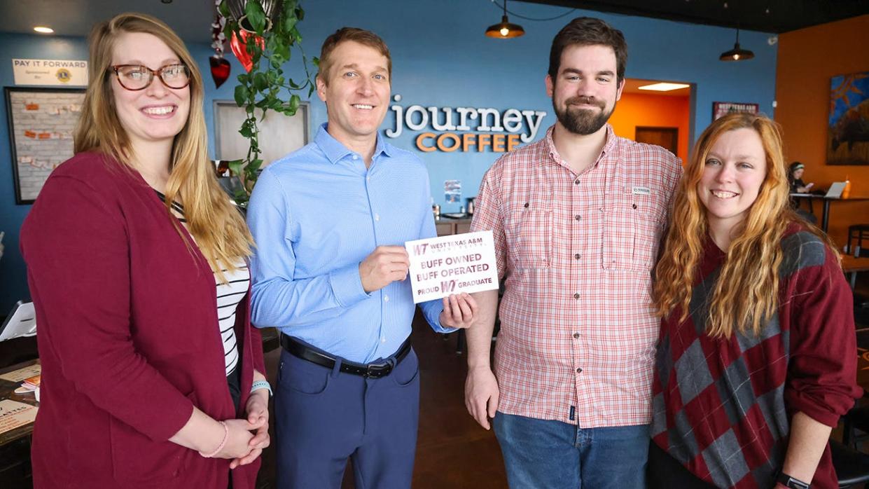 Journey Coffee in Canyon, owned by Noah and Stephanie Littlejohn, right, is one of more than 100 businesses on the Buff Owned, Buff Operated Business Directory operated by the West Texas A&M University Alumni Association. Also pictured are, from left, Abby Waters, assistant director of alumni relations, and Ronnie Hall, executive director of the Alumni Association.