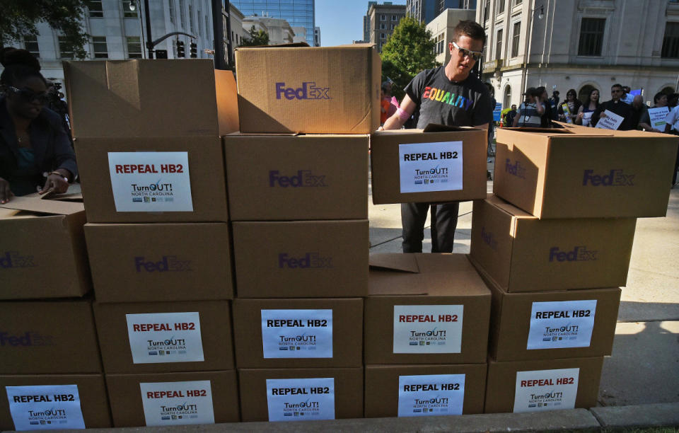 Stacking boxes of petitions against House Bill 2 