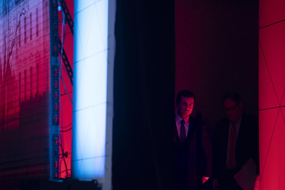 Democratic presidential candidate former South Bend, Ind., Mayor Pete Buttigieg, waits backstage to speak at the ​U.S. Conference of Mayors' Winter Meeting, Thursday, Jan. 23, 2020, in Washington. (AP Photo/Cliff Owen)