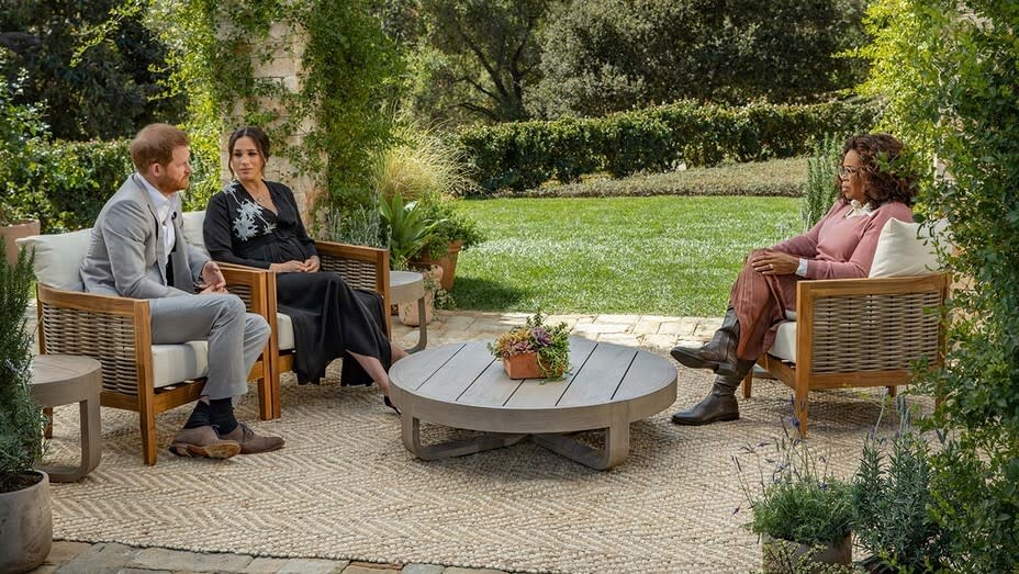 Prince Harry, Meghan Markle and Oprah Winfrey during their CBS special.  (Photo: CBS/Harpo Productions)