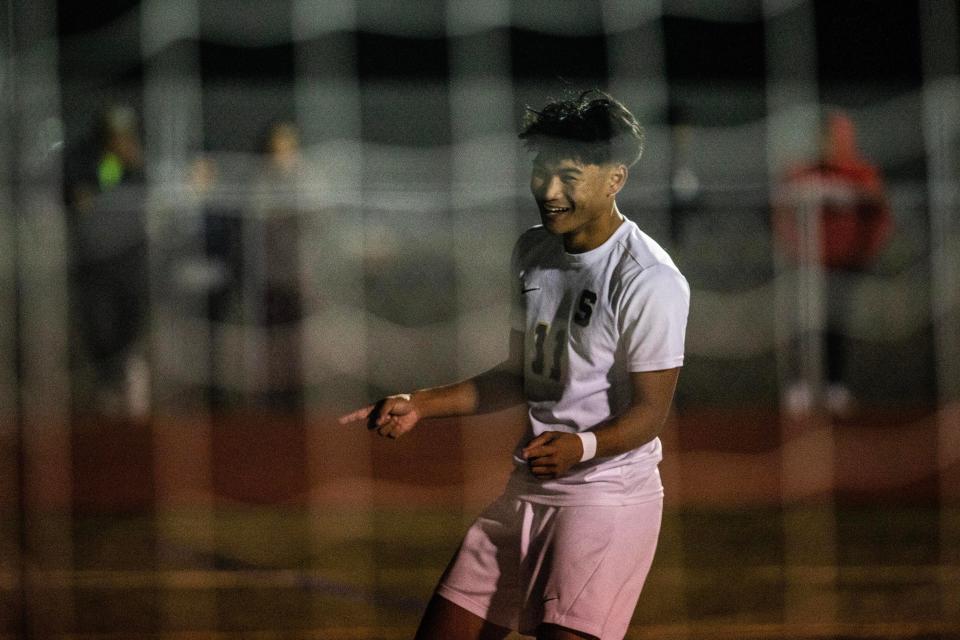 Salesianum senior Paolo Magat (11) celebrates scoring a goal against Delcastle during the DIAA Division I Boys Soccer Tournament semifinals at Caravel's Bob Peoples Stadium in Glasgow, Tuesday, Nov. 14, 2023. Salesianum won 4-1.