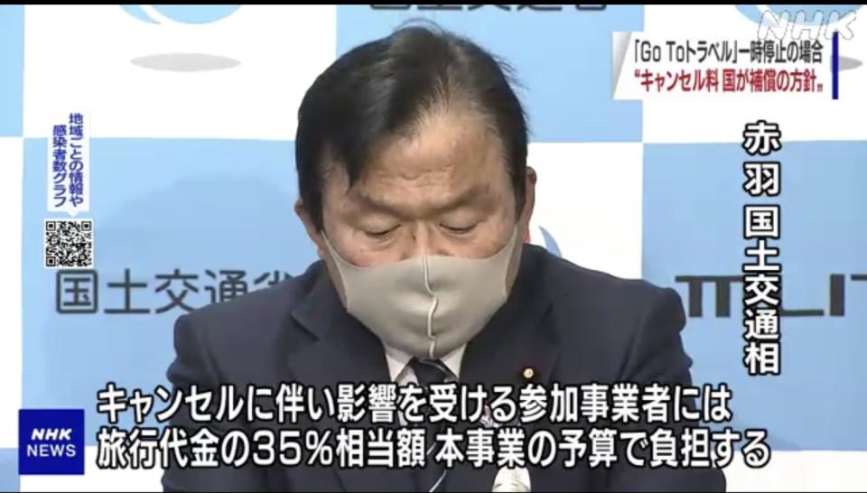 菅義偉內閣今天宣布如果因為go to travel叫停的損失，由政府賠償業者35%，怎樣都不會讓業者受損。 圖：翻攝自NHK24日新聞報導