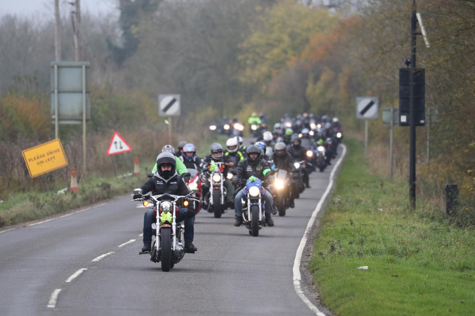 A motorbike convoy follows Harry Dunn's last ride in Brackley as a tribute to the teenager who died when his motorbike was involved in a head-on collision near RAF Croughton, Northamptonshire, in August.