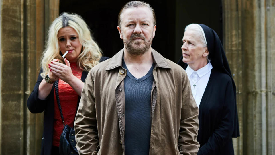 Ricky Gervais’s new Netflix show ‘After Life’ has been criticised for reusing jokes from the comedian’s back catalogue. (Credit: Netflix)