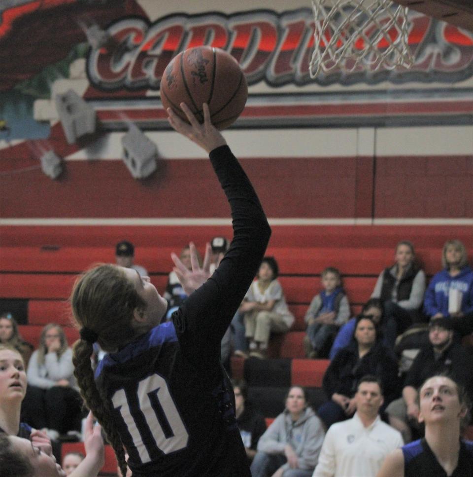 Inland Lakes junior Brooklyn LaBrecque takes a shot during a recent girls basketball district game against Burt Lake NMCA at Onaway. LaBrecque and the Bulldogs had a highly successful 2023-24 campaign, capturing Ski Valley Conference and district championships.