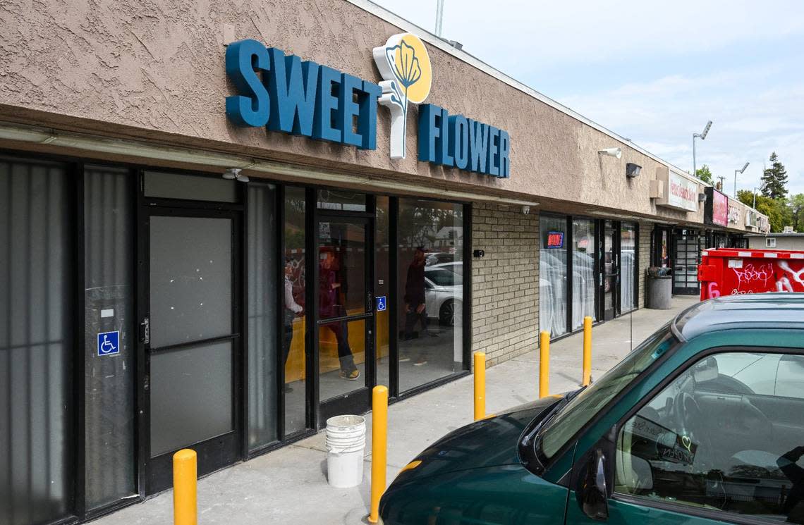 The Sweet Flower cannabis dispensary shop nears opening in the shopping center at Shields and Maroa avenues in central Fresno on Friday, March 29, 2024.