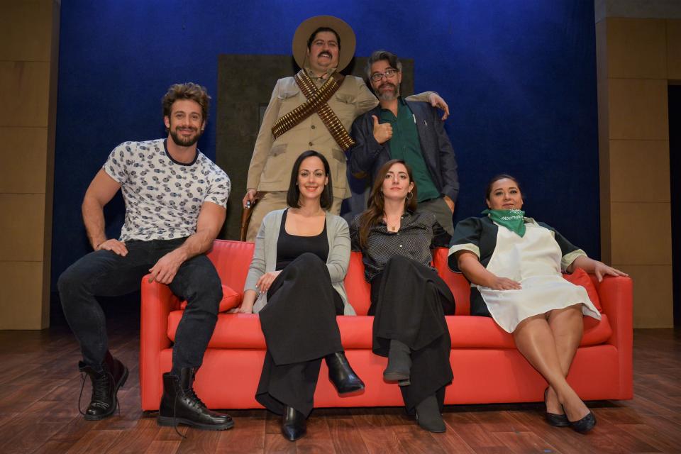 MEXICO CITY, MEXICO - MARCH 06: Lamda Garcia,  Gabriela de la Garza, Fernando Bonilla, Alexis de Anda, Moises Arizmendi, Conchi Leon pose for photo as part of the play 'Between Pancho Villa and a Naked Woman' (Spanish: Entre Pancho Villa y una mujer desnuda) at Rafael Solana Theatre on March 6, 2020 in Mexico City, Mexico. (Photo by Medios y Media/Getty Images)