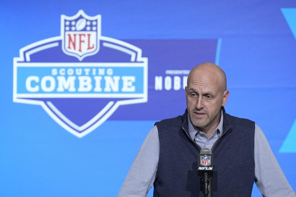 Arizona Cardinals general manager Monti Ossenfort speaks during a news conference at the NFL football scouting combine, Tuesday, Feb. 28, 2023, in Indianapolis. (AP Photo/Darron Cummings)