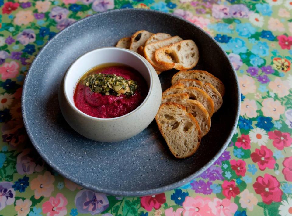 Beet hummus with crostini is pictured at Jaguar Bolera on Tuesday, May 14, 2024, in Raleigh, N.C.