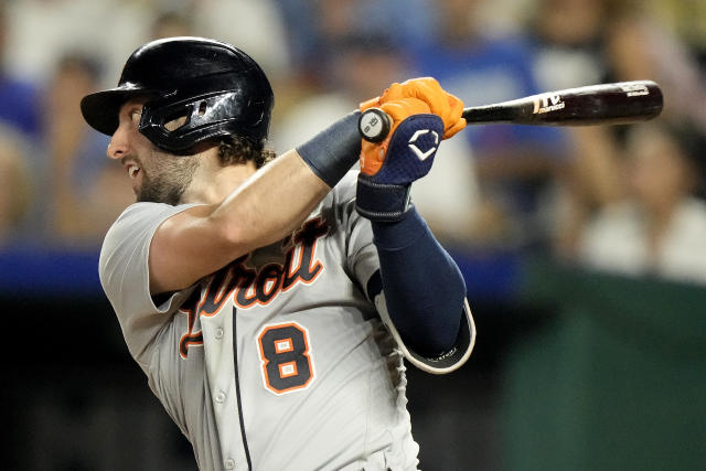 Lakeland FL USA; Detroit Tigers center fielder Matt Vierling (8) is  congratulated in the dugout after homering during an MLB spring training  game agai Stock Photo - Alamy