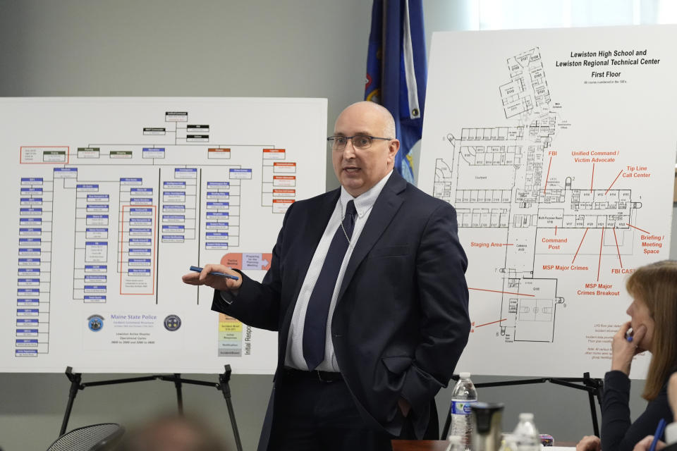 Major Scott Gosselin of the Maine State Police testifies, Thursday, Feb. 15, 2024, in Augusta, Maine, during a hearing of the independent commission investigating the law enforcement response to the mass shooting in Lewiston, Maine. (AP Photo/Robert F. Bukaty)