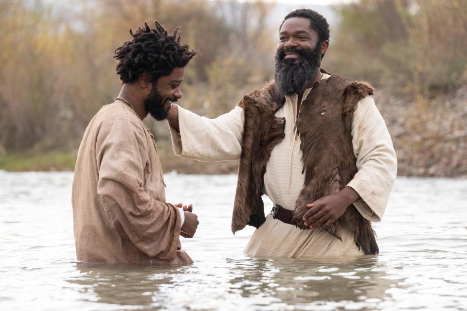 Clarence (LaKeith Stanfield, left) shares a moment with John the Baptist (David Oyelowo) in "The Book of Clarence."