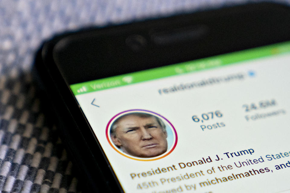 The Instagram account for then-President Donald Trump on Jan. 7, 2021. Facebook, which owns Instagram, suspended his accounts over statements he made during the January 6th attack on the U.S. Capitol. / Credit: Andrew Harrer/Bloomberg via Getty Images