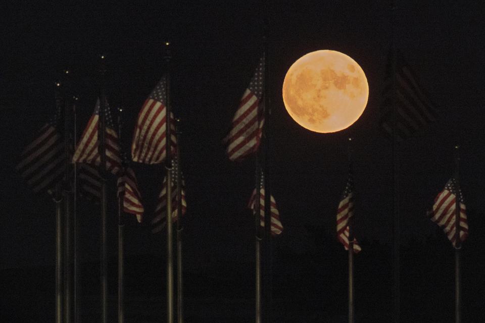The moon rises behind United States flags at the base of the Washington Monument on Aug. 11, 2022, in Washington, DC. The so-called Sturgeon Moon is the fourth and final super moon of 2022.
