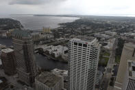 In this aerial image, the city of Tampa, Fla., is seen Monday, Sept. 26, 2022. Hurricane Ian was growing stronger as it barreled toward Cuba on a track to hit Florida's west coast as a major hurricane as early as Wednesday. It's been more than a century since a major storm like Ian has struck the Tampa Bay area, which blossomed from a few hundred thousand people in 1921 to more than 3 million today. (DroneBase via AP)