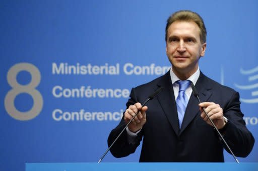 Russian First Deputy Prime Minister Igor Shuvalov addresses the assembly after the World Trade Organization gave its second and final approval for Russia's membership in the trade body after a record 18-year quest to join in Geneva