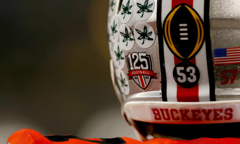 an ohio state player warms up during the national title game