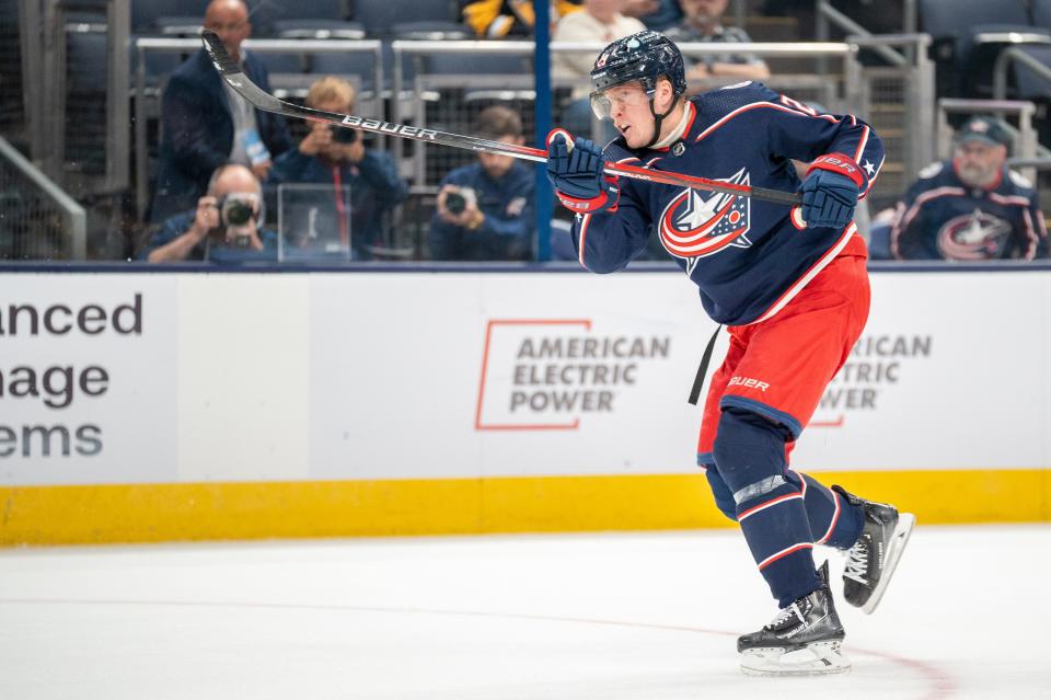 Sep 24, 2023; Columbus, OH, USA;
Columbus Blue Jackets forward Patrik Laine (29) attempts to score during their game against the Pittsburgh Penguins on Sunday, Sept. 24, 2023 at Nationwide Arena.