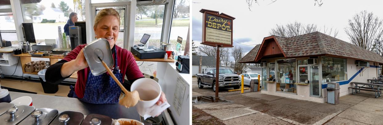 LEFT: Teri Dudley, 63 of Paris, Michigan, makes a milkshake at the Dairy Depot in Reed City on Thursday, April 3, 2024, like she has since 1980. RIGHT: The Dairy Depot in Reed City. In June of 2023, the ice cream store’s owner was approached by land developers who offered to relocate it to build an unnamed retail store in its place. City residents discovered the developers wanted to construct a Dollar General, the second in the city and the depot has been a landmark for the city’s residents.