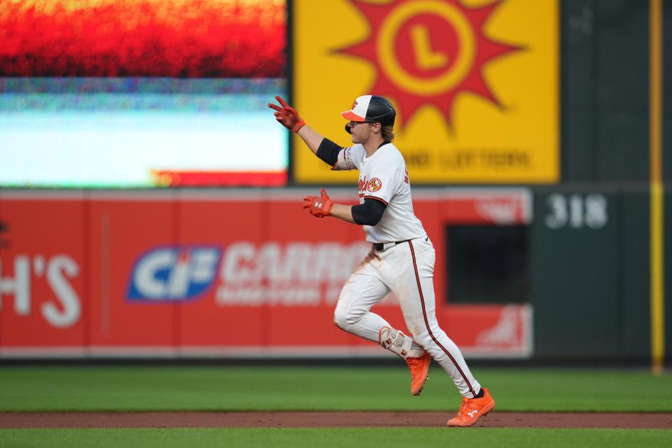 Jun 26, 2024; Baltimore, Maryland, USA; Baltimore Orioles shortstop Gunnar Henderson (2) rounds third base after hitting a home run during the fifth inning against the Cleveland Guardians at Oriole Park at Camden Yards. Mandatory Credit: Reggie Hildred-USA TODAY Sports