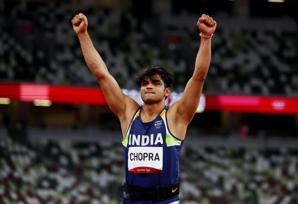 Tokyo 2020 Olympics - Athletics - Men's Javelin Throw - Final - Olympic Stadium, Tokyo, Japan - August 7, 2021. Neeraj Chopra of India celebrates winning gold REUTERS/Kai Pfaffenbach