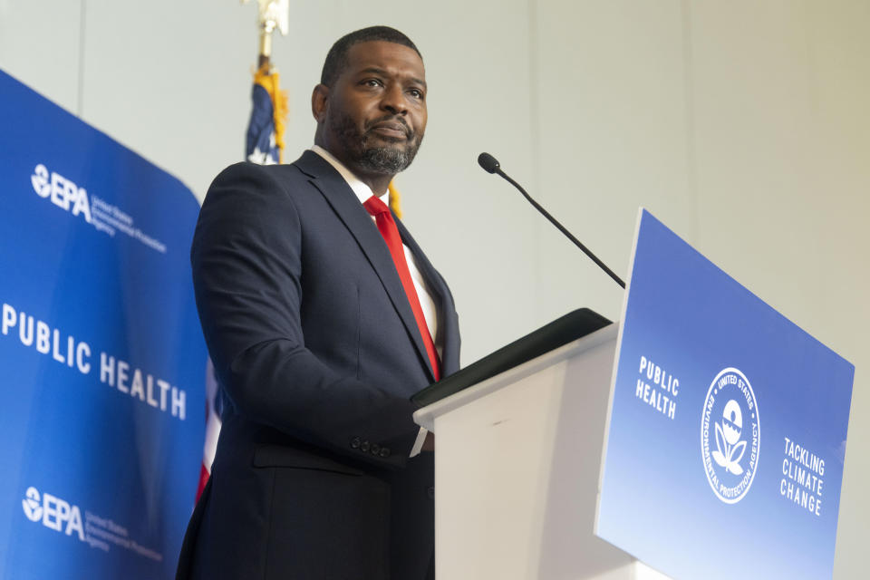 Environmental Protection Agency Administrator Michael Regan announces final standards to reduce pollution from power plants during an event at Howard University on Thursday, April 25, 2024, in Washington. (AP Photo/Kevin Wolf)