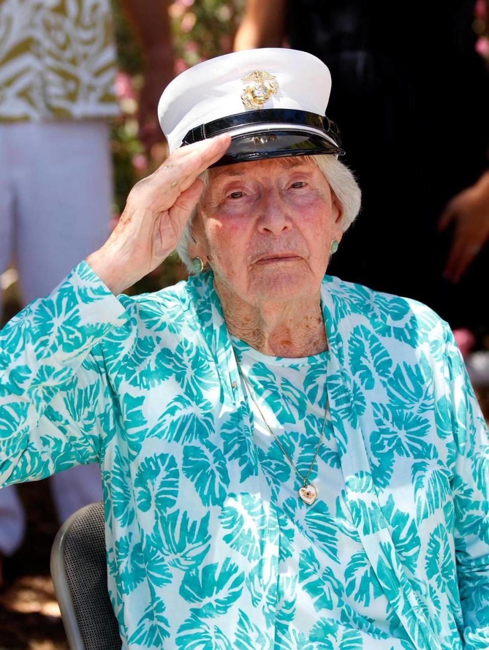 U.S. Marine Corps veteran Sgt. Elizabeth Ross salutes during a July 2, 2022, birthday celebration hosted by Welcome Home Military Heroes at her daughter’s San Luis Obispo home. Ross turns 100 on July 5.