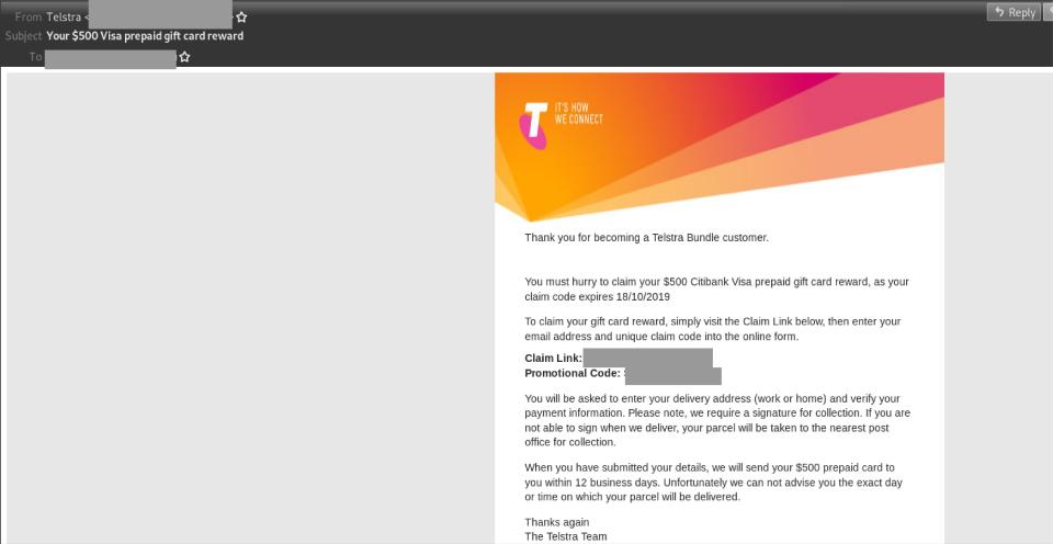 Email involved in Telstra email phishing scam.