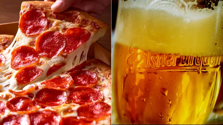 Pepperoni pizza and Pilsner Urquell