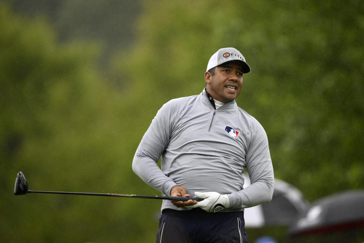 Jhonattan Vegas, of Venezuela, reacts to his shot off the second tee during the third round of the Wells Fargo Championship golf tournament, Saturday, May 7, 2022, at TPC Potomac at Avenel Farm golf club in Potomac, Md. (AP Photo/Nick Wass)