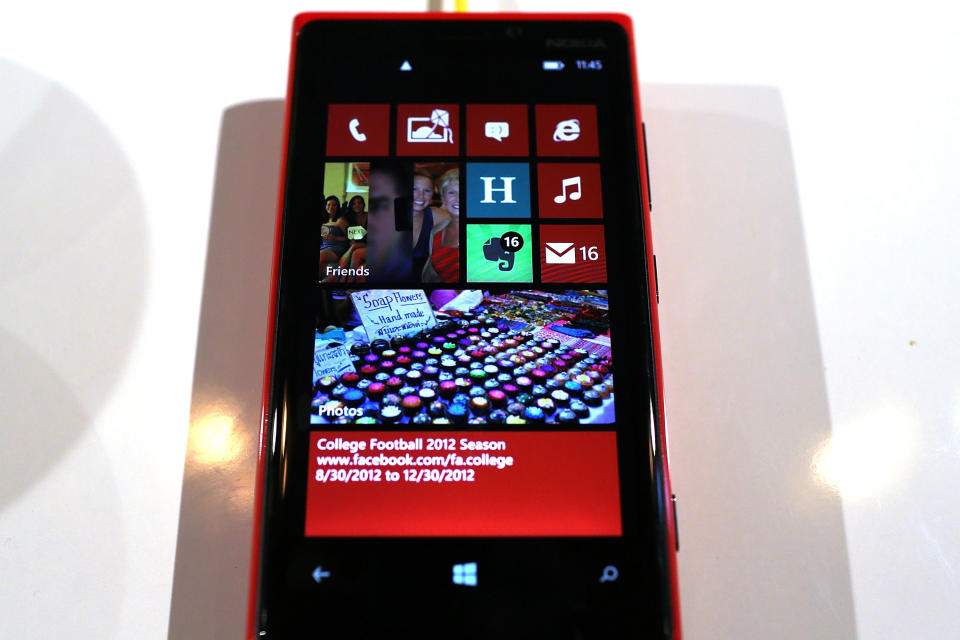 NEW YORK, NY - SEPTEMBER 05: The new Nokia Lumia 920 smartphone is displayed during the launch of the Lumia 920 and 820 Windows smartphones on September 5, 2012 in New York City. The new Nokia phones are the first smartphones built for Windows 8. Analysts see the new phones as Nokia's last chance to compete with fellow technology companies Apple and Samsung in the lucrative smartphone market. (Photo by Spencer Platt/Getty Images)