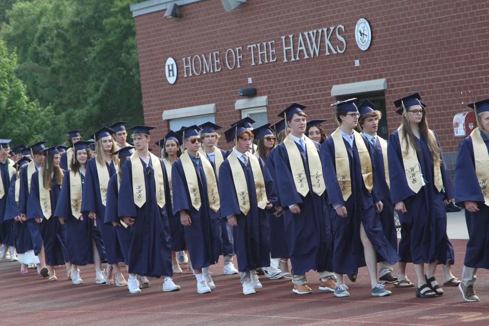 Members of the Class of 2023 walk into the stadium at the start of Hanover High's graduation on Friday, June 2, 2023.
