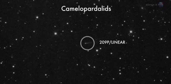 The May 23-24 Camelopardalid meteor shower is created by the Comet 209P/LINEAR, seen here in a NASA telescope image.
