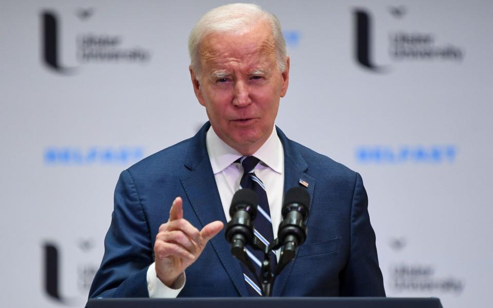 Joe Biden, the US President, delivers a speech at Ulster University in Belfast this afternoon - Chris J. Ratcliffe /Bloomberg