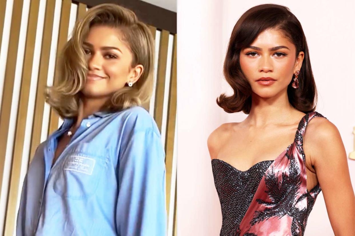 <p>Law Roach/Instagram; John Shearer/WireImage</p> Zendaya with new blonde hair and her previously dark hair at the Oscars