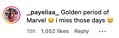 Instagram comment by user _payeliaa_ expressing nostalgia for Marvel's golden period, with over a thousand likes